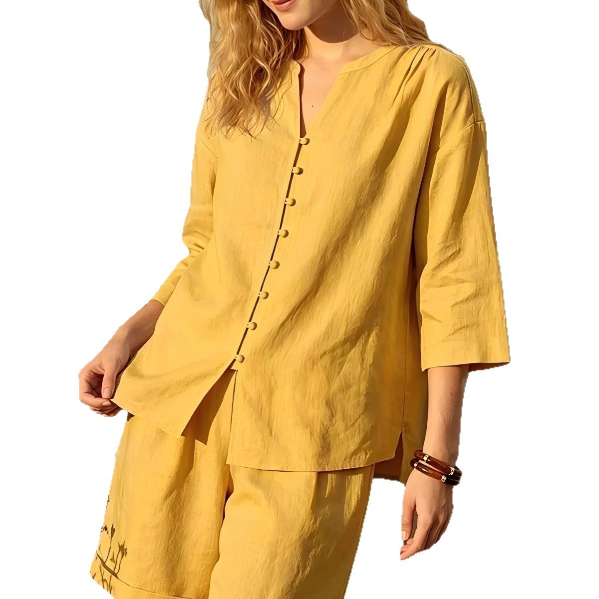 Womens V-neck Top And High-Waist Wide-Leg Shorts Set