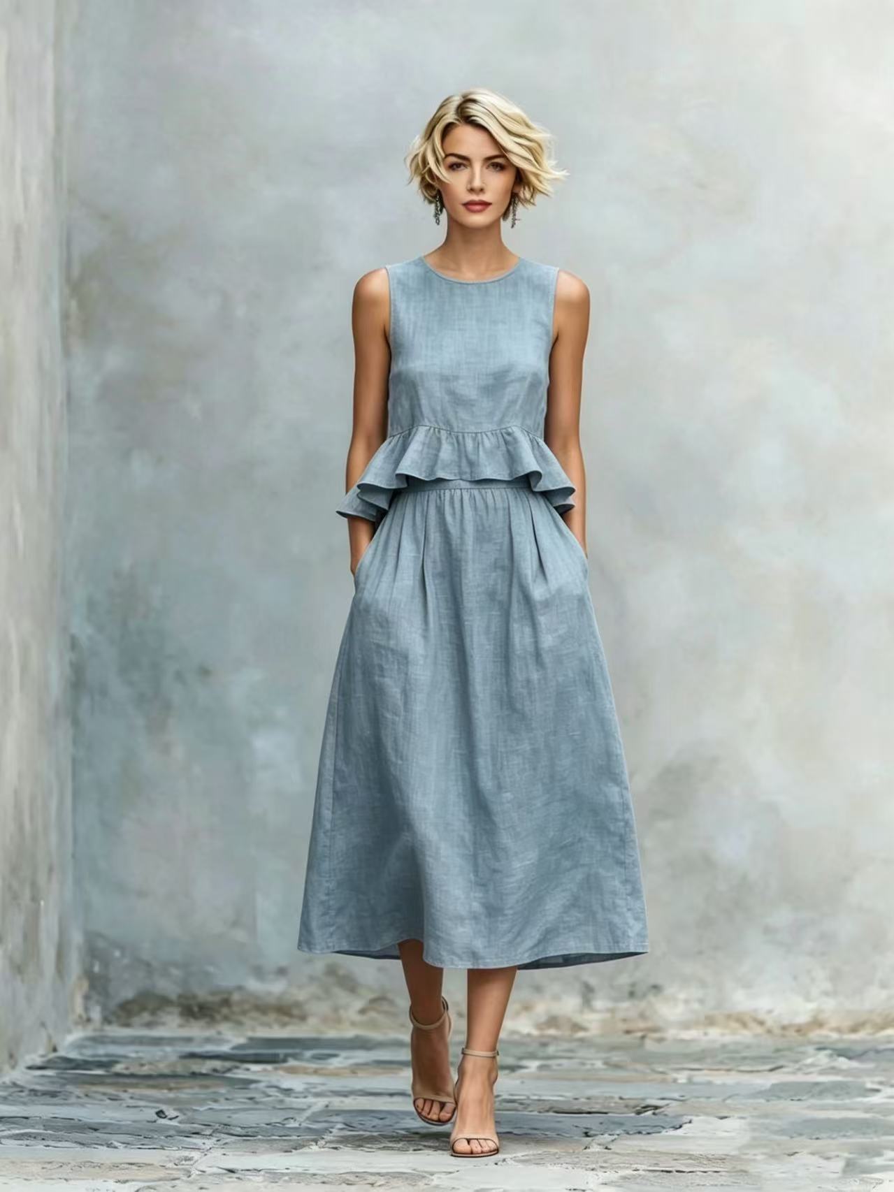 Sleeveless Crew-Neck High-Waisted Ruffle-Trim Resort-Style Dress