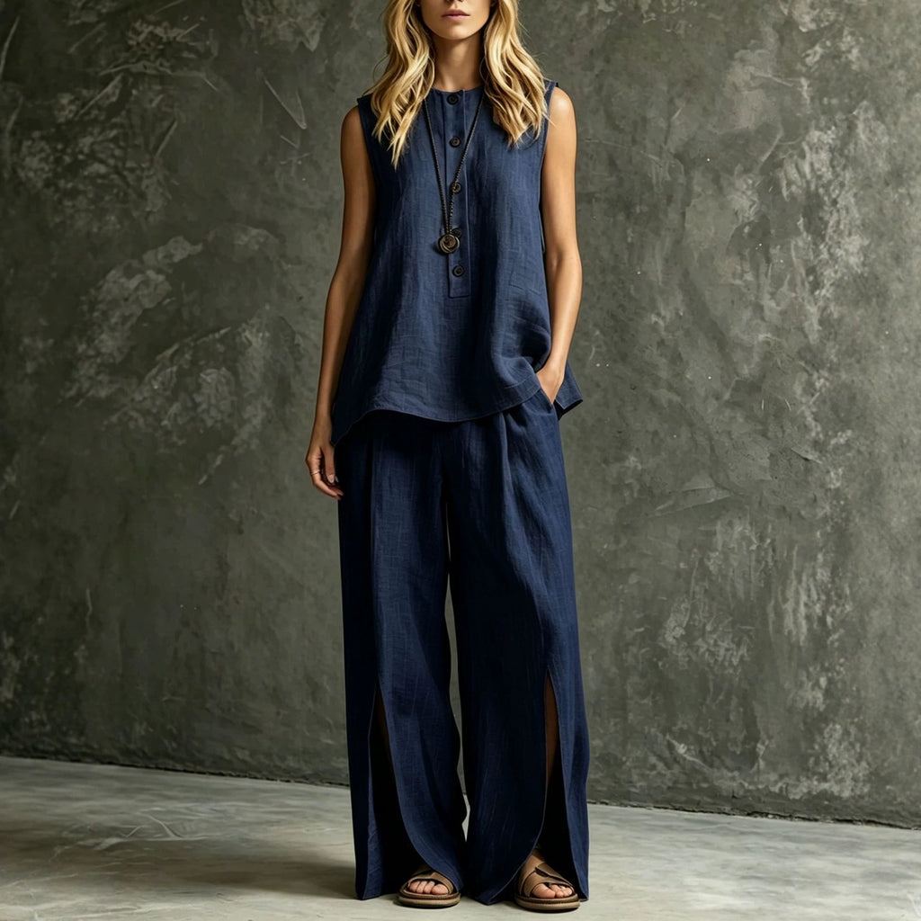Womens Loose Sleeveless Tank Top And Slit Wide-Leg Pants Set