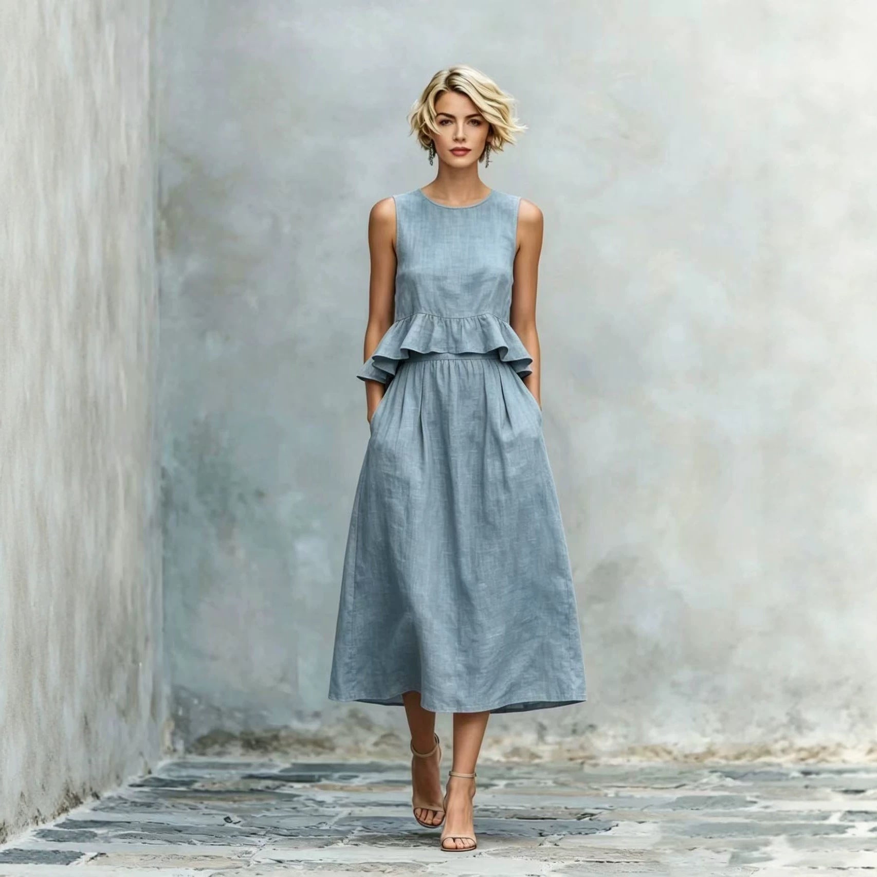 Sleeveless Crew-Neck High-Waisted Ruffle-Trim Resort-Style Dress