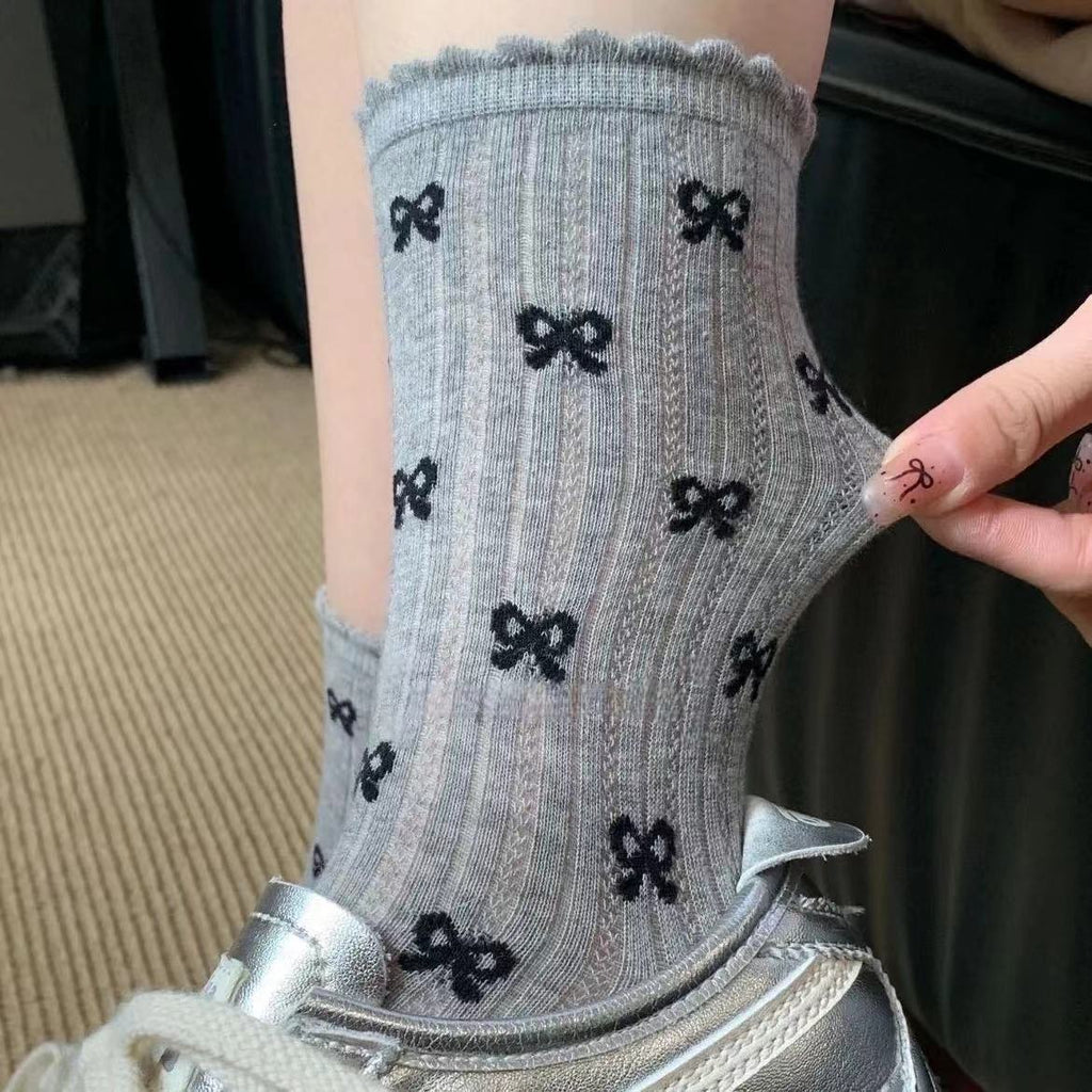 Coquette Polka Dot & Bow Print Crew Socks, Ruffle Cuff Knit Socks, Women's Sweet Casual Socks For Everyday & Preppy Style