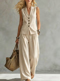 Two-piece V-Neck Sleeveless Vest And Wide Leg Pants For Women Summer Solid-Colored Sleeveless Casual Linen Tank Top And Pants Set