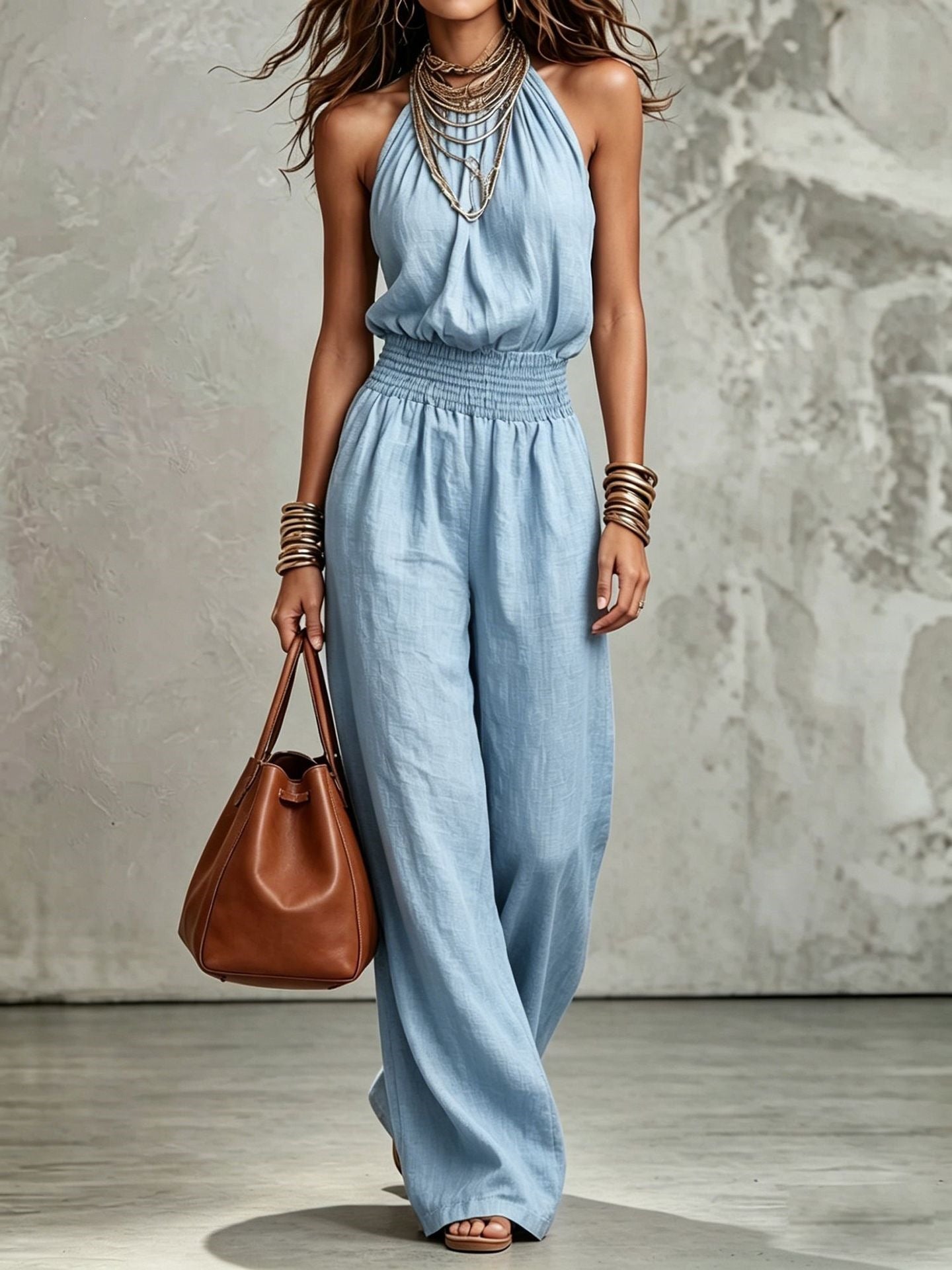 Womens Sleeveless Backless Cinched Waist Lace-up Halter Wide-leg Jumpsuit