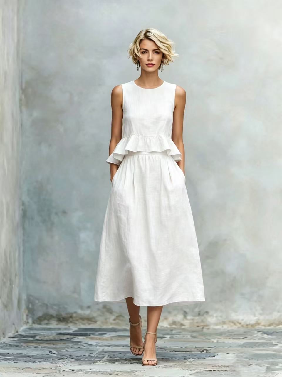 Sleeveless Crew-Neck High-Waisted Ruffle-Trim Resort-Style Dress