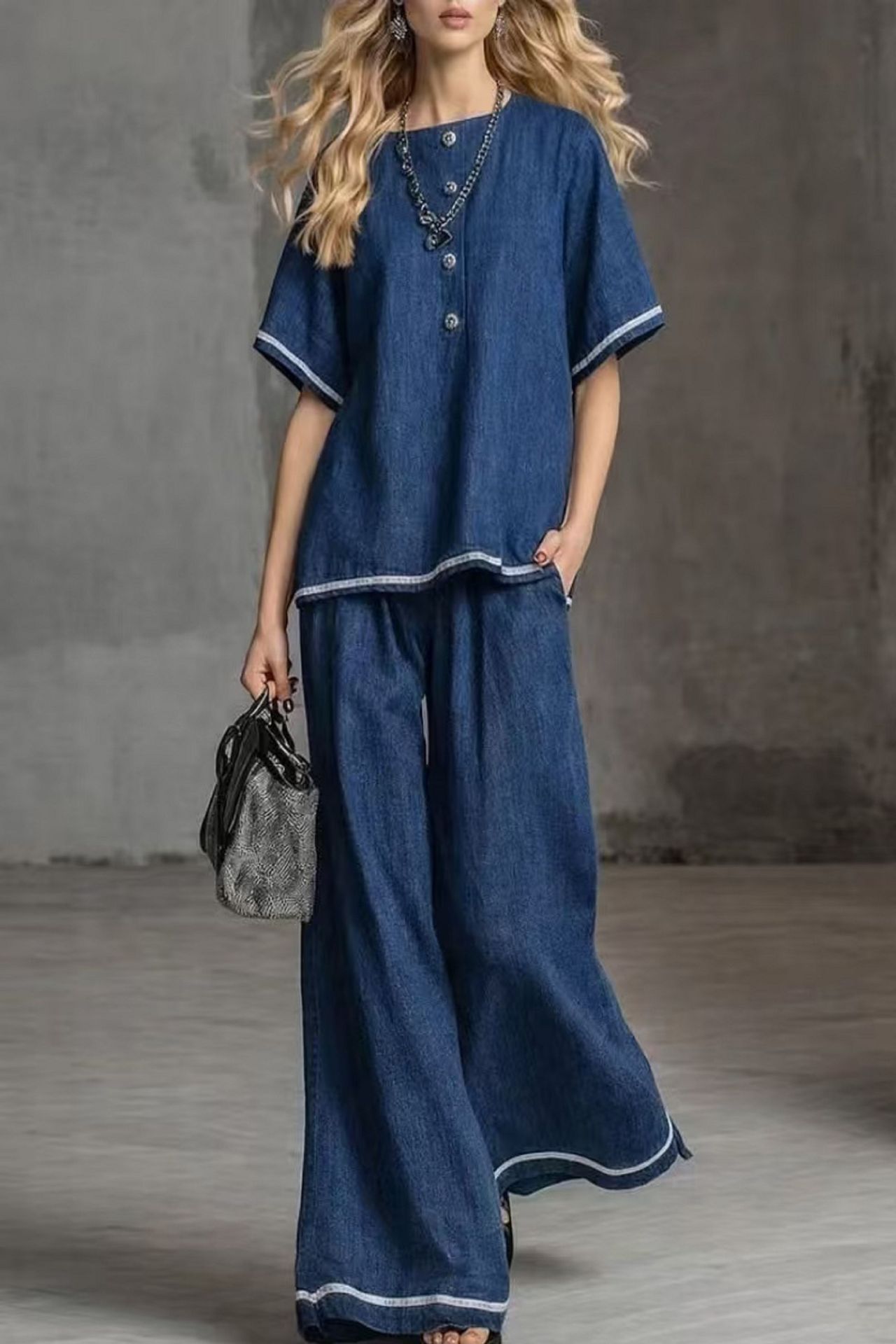 Contrast-color Wide-leg Pants Suit, Linen Casual Fashion Two-piece Set