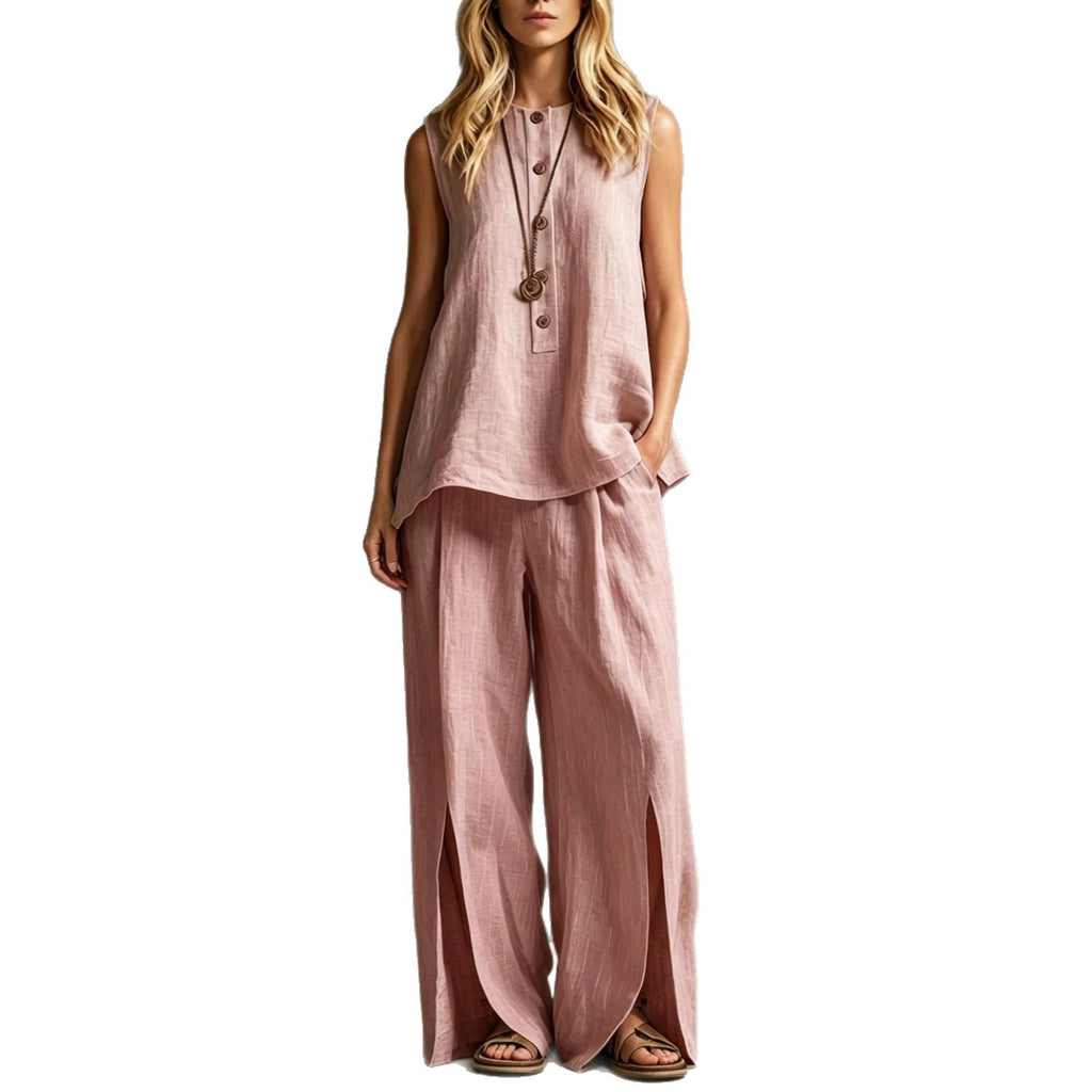 Womens Loose Sleeveless Tank Top And Slit Wide-Leg Pants Set
