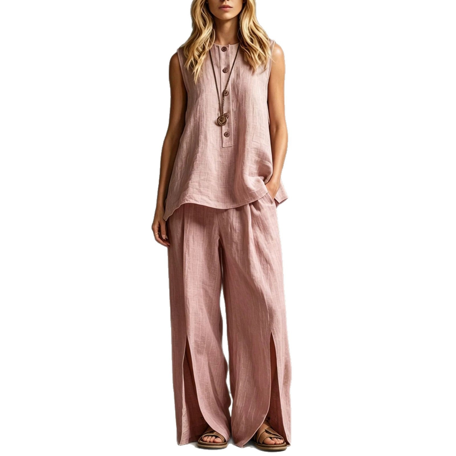 Womens Loose Sleeveless Tank Top And Slit Wide-Leg Pants Set