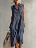 New Lapel-Neckline Pocketed Striped Sleeveless Button-Up Casual Dress