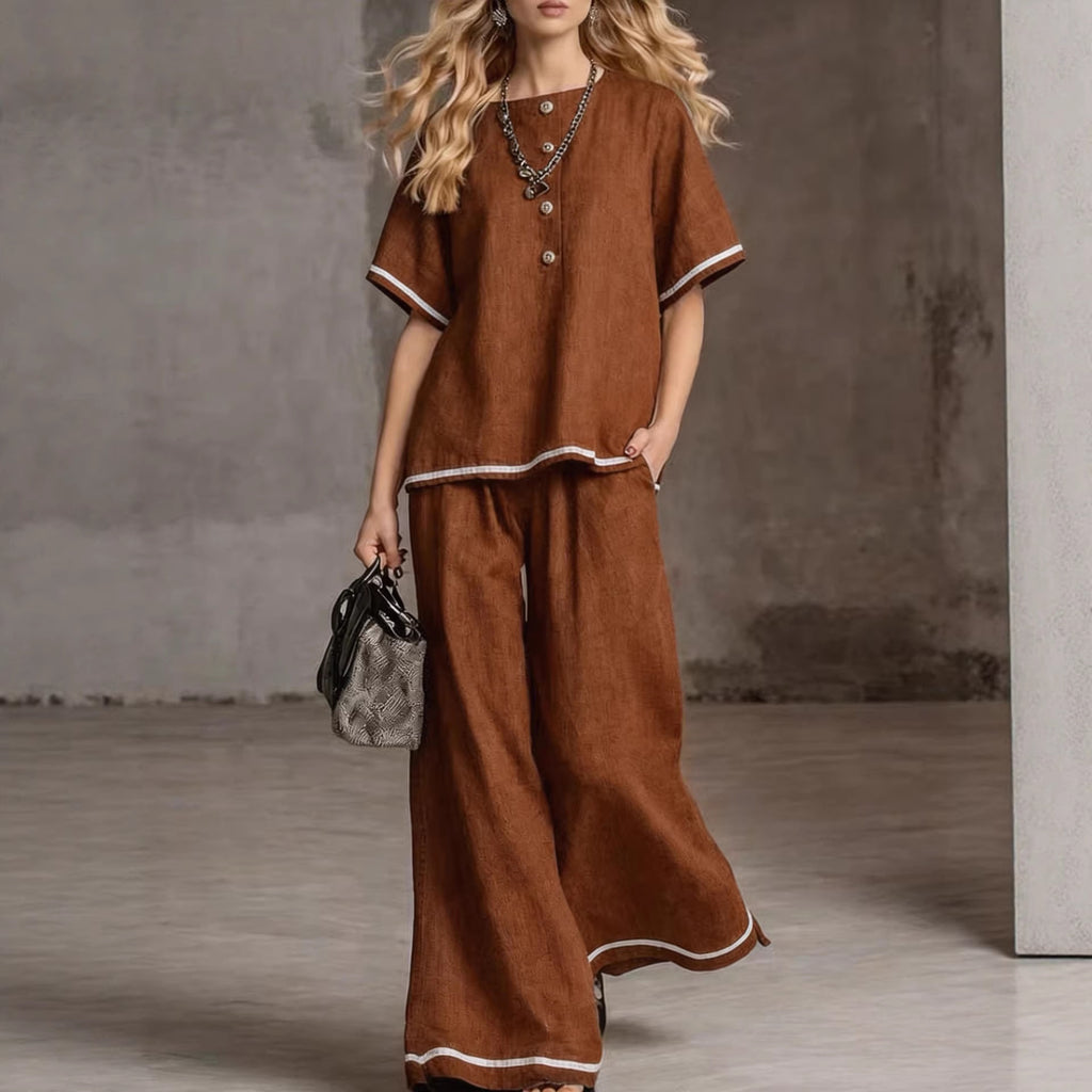 Contrast-color Wide-leg Pants Suit, Linen Casual Fashion Two-piece Set