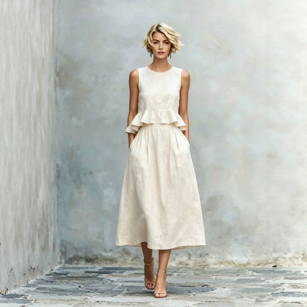Sleeveless Crew-Neck High-Waisted Ruffle-Trim Resort-Style Dress