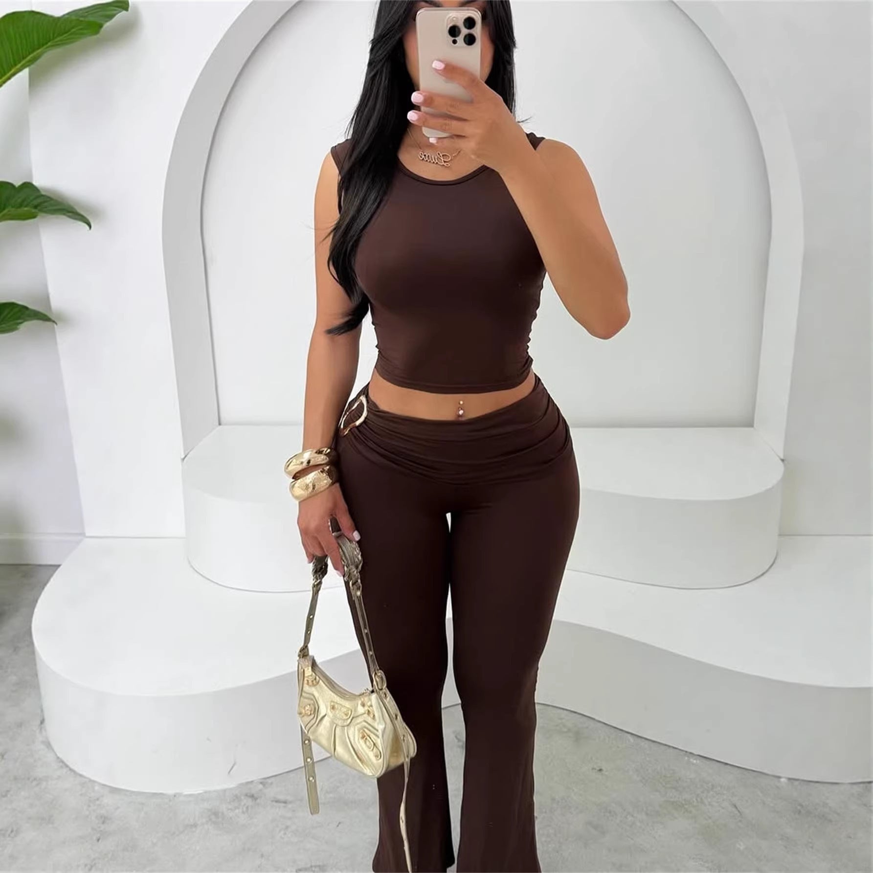 Womens Solid-Colored Sleeveless Top And Bodycon Hip-Hugging Pants Set