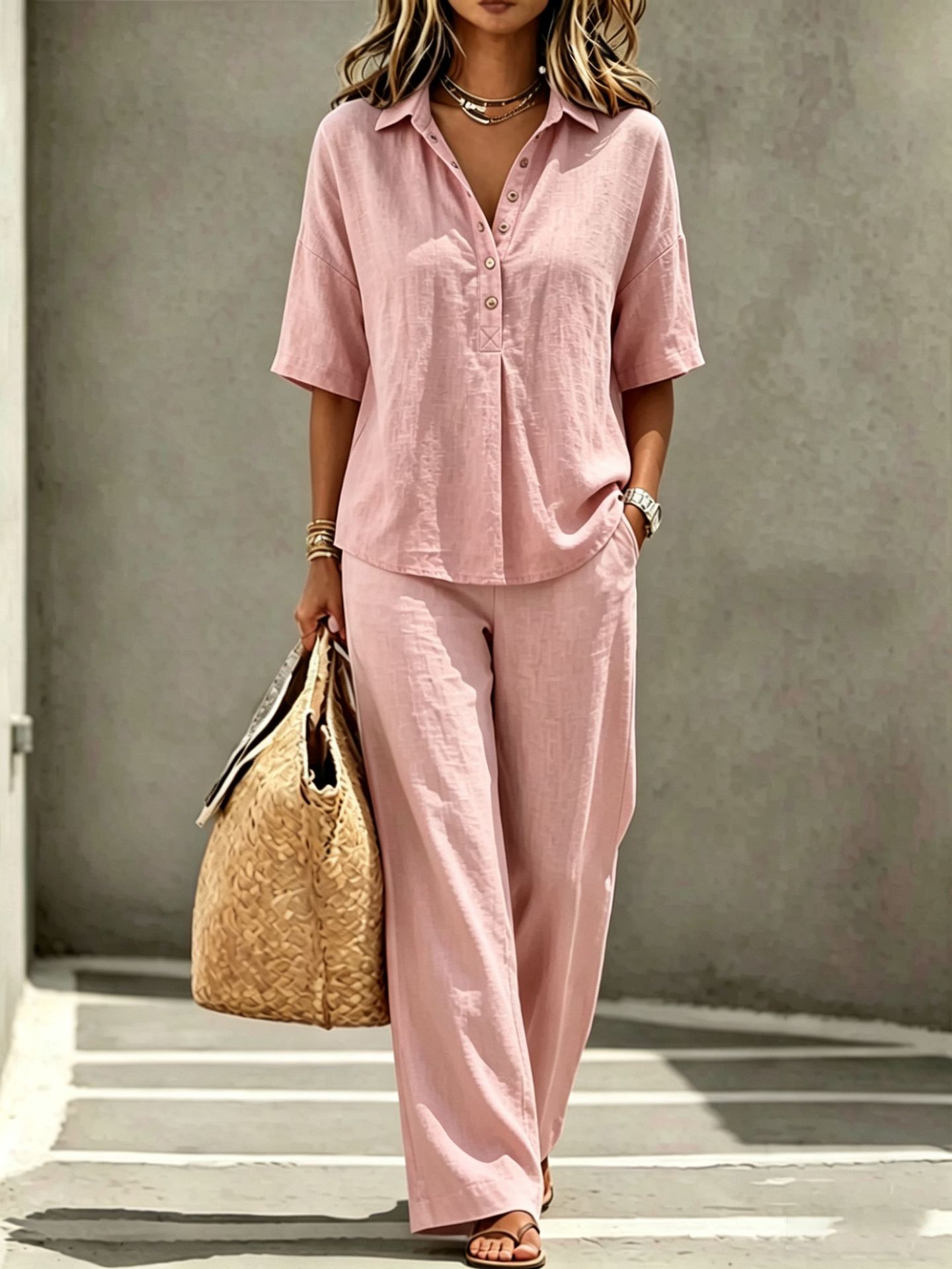 Womens Polo-Neck Button-Up Top And Wide-Leg Pants Two-Piece Set