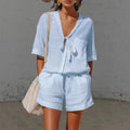 Summer New Solid Color Casual Cardigan Lace-up Short-sleeve Shirt Loose Shorts Set For Women