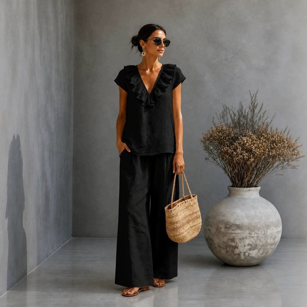 Women's V-neck Ruffled Hem Wide-leg Pants Set