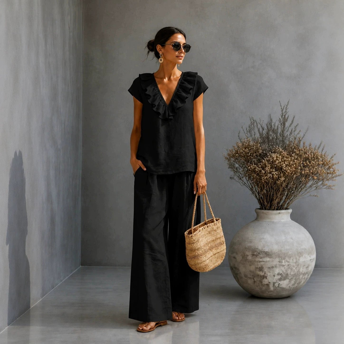 Women's V-neck Ruffled Hem Wide-leg Pants Set