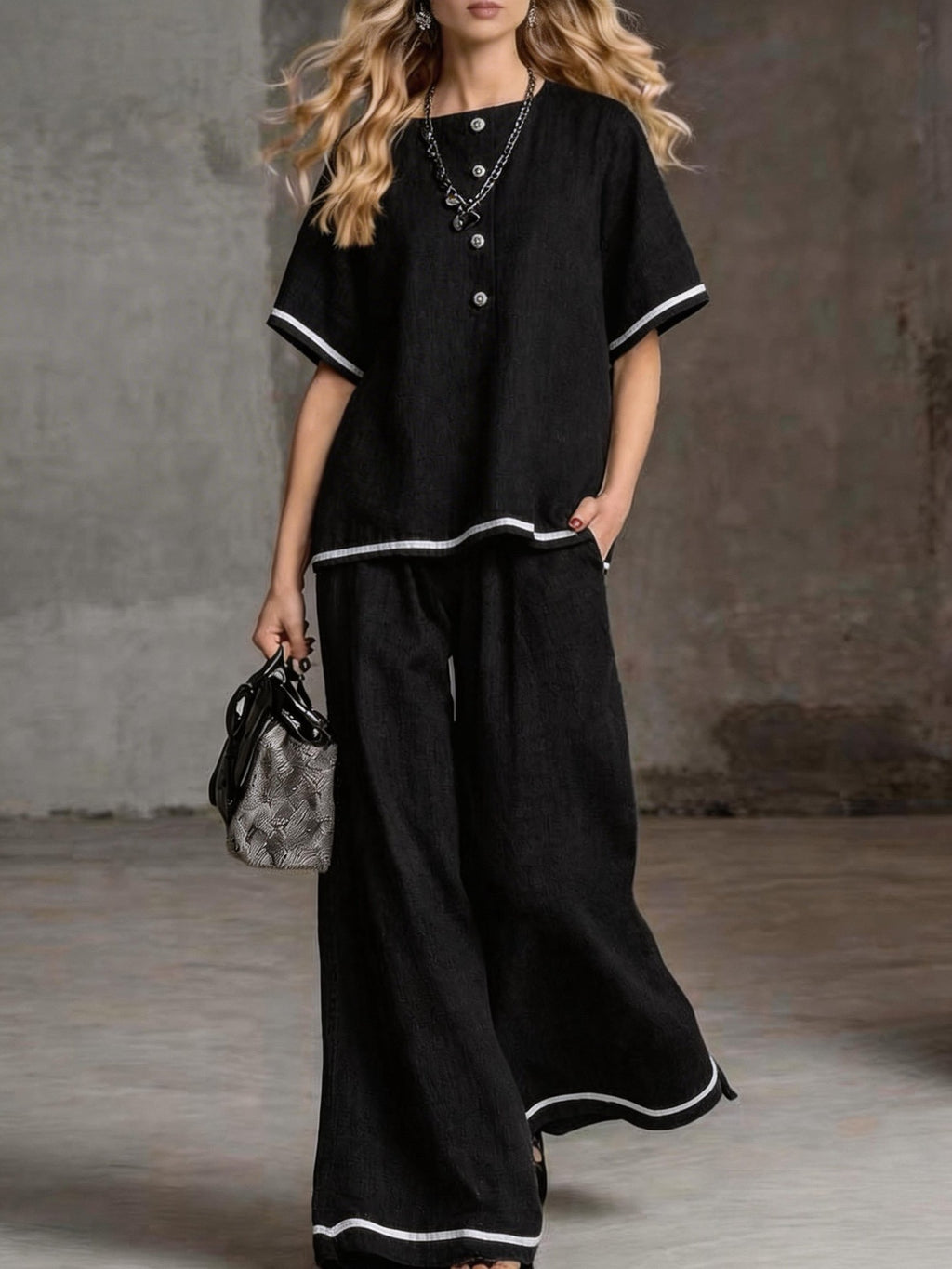 Contrast-color Wide-leg Pants Suit, Linen Casual Fashion Two-piece Set