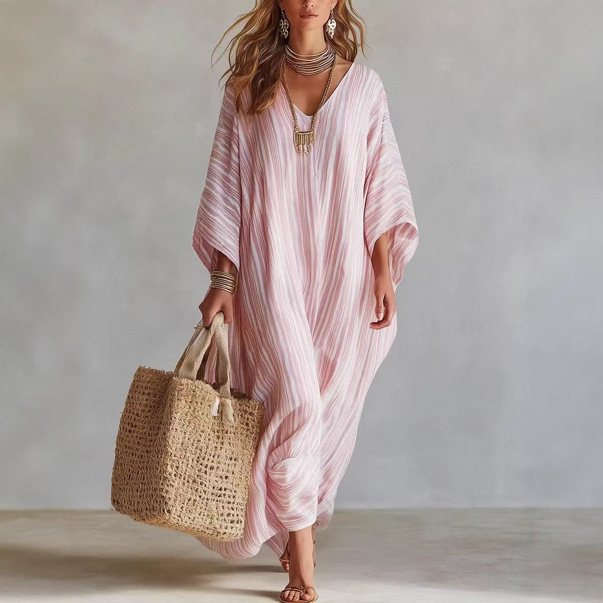 Linen V-neck Three-Quarter Sleeve Kaftan Long-Sleeve Womens