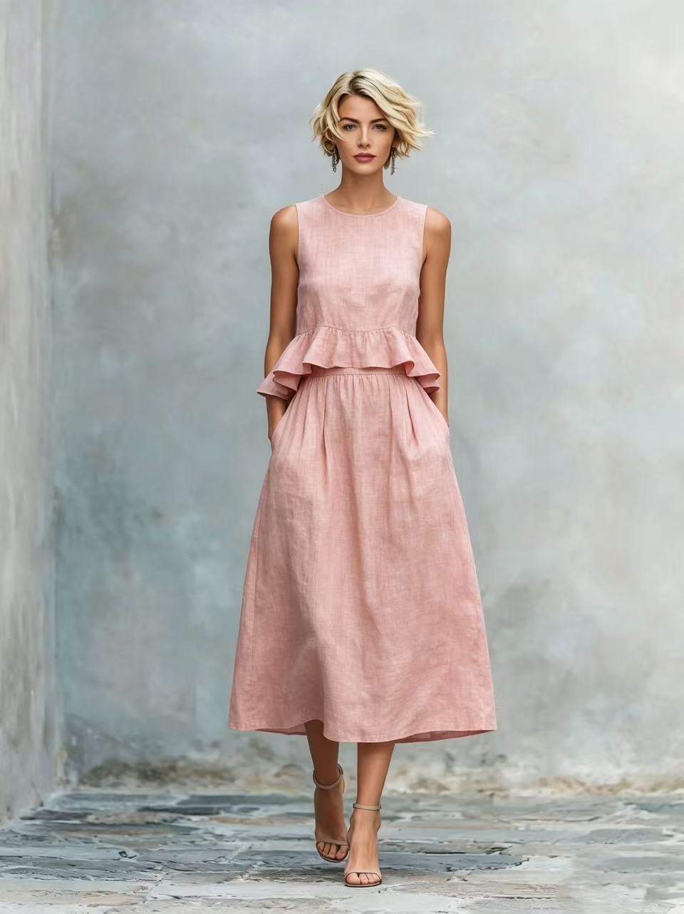 Sleeveless Crew-Neck High-Waisted Ruffle-Trim Resort-Style Dress