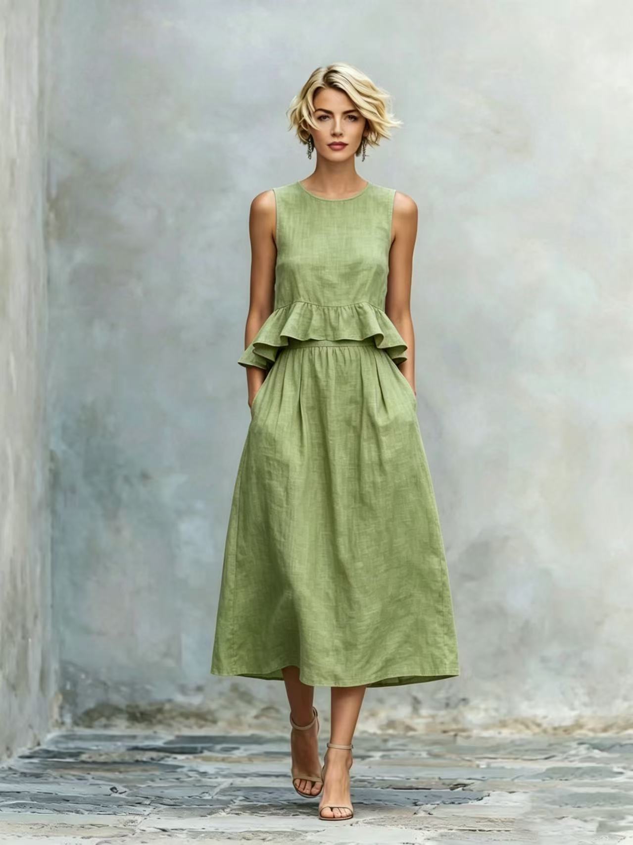 Sleeveless Crew-Neck High-Waisted Ruffle-Trim Resort-Style Dress
