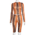 Womens Snake-Print Tight-Fit Long-Sleeve Booty-Lift Shorts Two-Piece Set