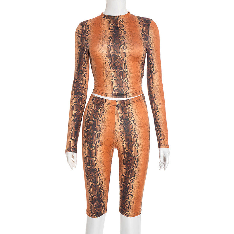Womens Snake-Print Tight-Fit Long-Sleeve Booty-Lift Shorts Two-Piece Set