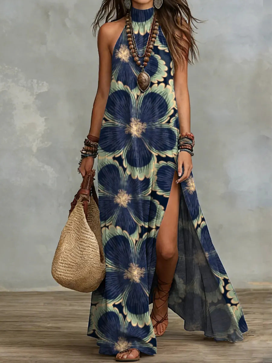 Split Sleeveless Multicolored Printed Maxi Dress