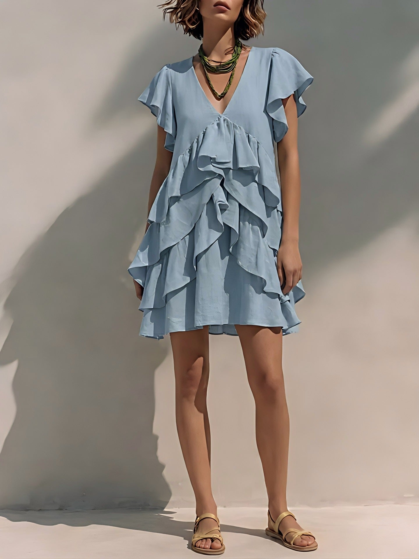 Women's V-Neck Ruffled-Edge Short-Sleeve Casual Loose Dress