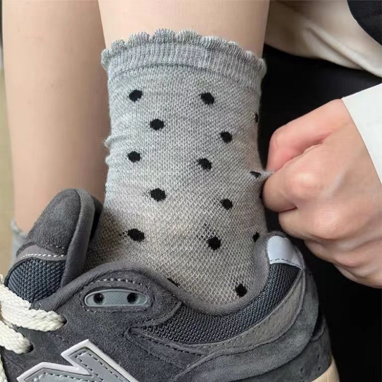 Coquette Polka Dot & Bow Print Crew Socks, Ruffle Cuff Knit Socks, Women's Sweet Casual Socks For Everyday & Preppy Style