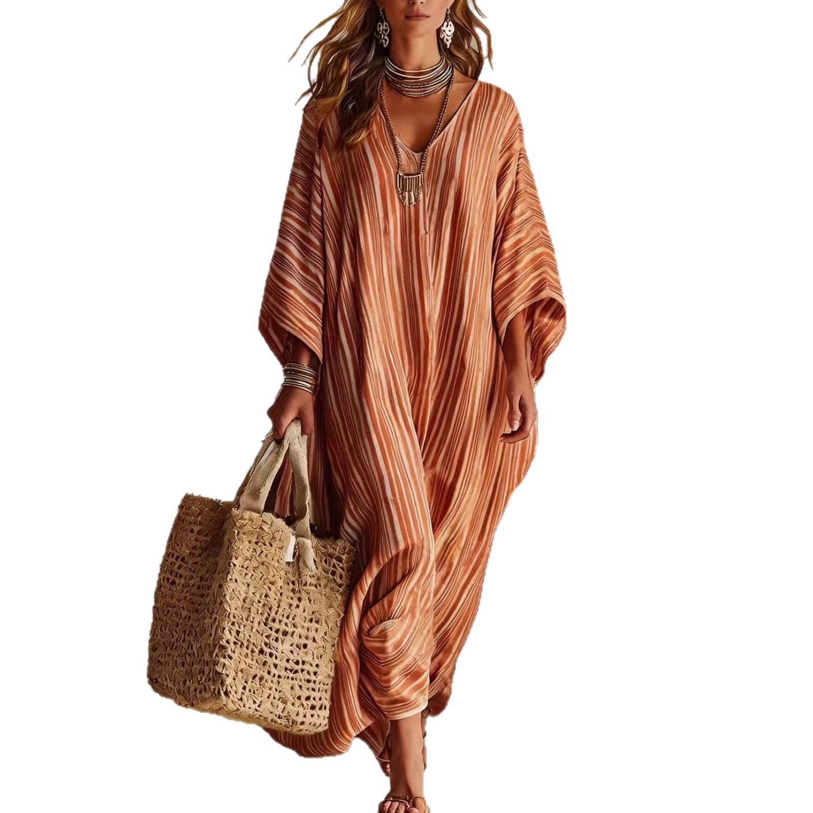 Linen V-neck Three-Quarter Sleeve Kaftan Long-Sleeve Womens