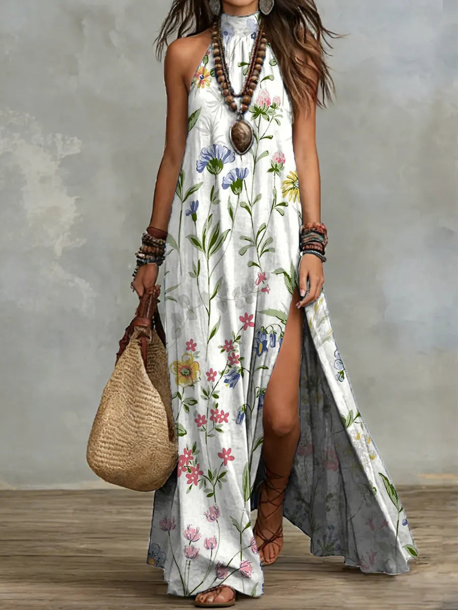 Split Sleeveless Multicolored Printed Maxi Dress