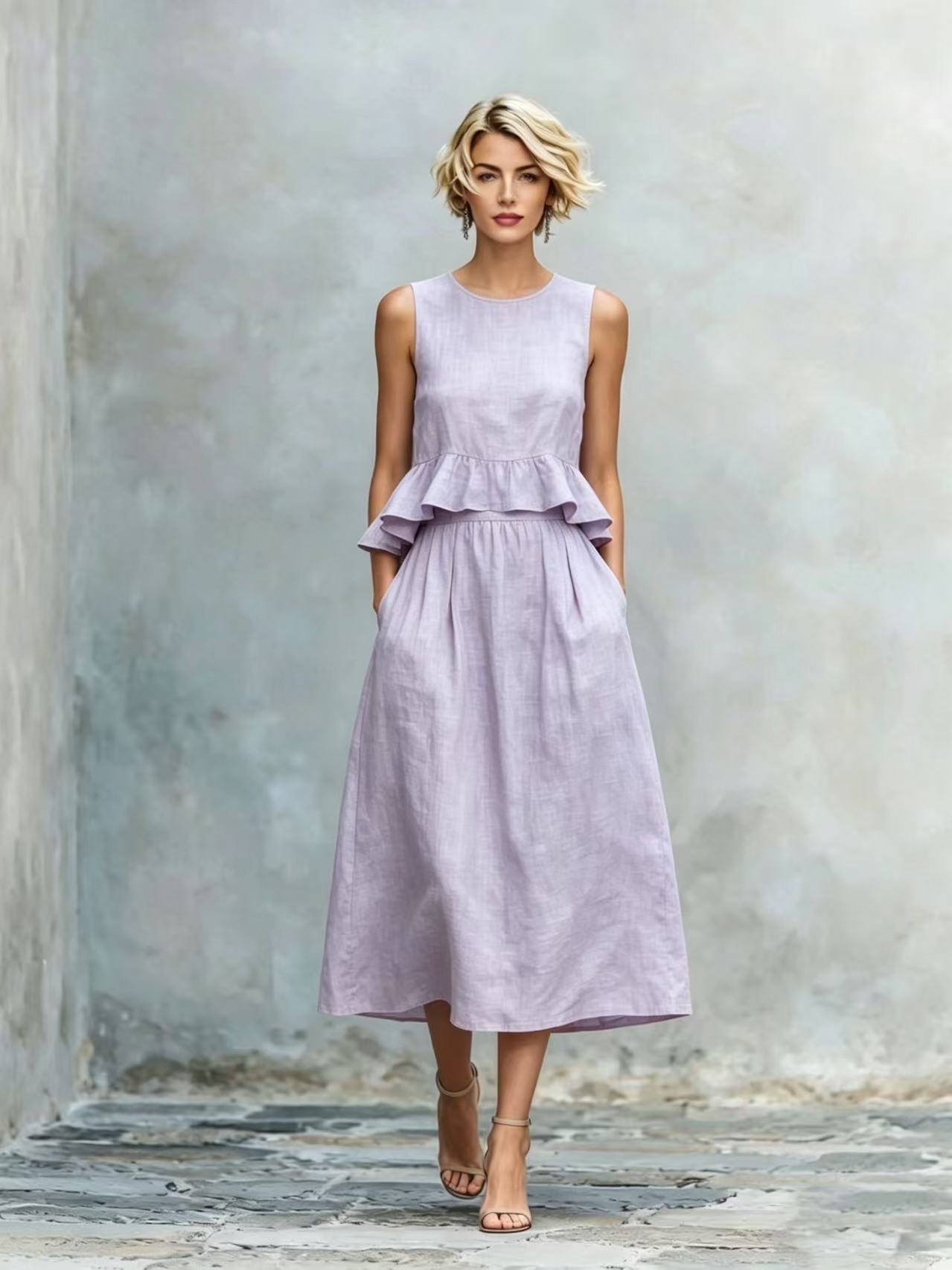 Sleeveless Crew-Neck High-Waisted Ruffle-Trim Resort-Style Dress