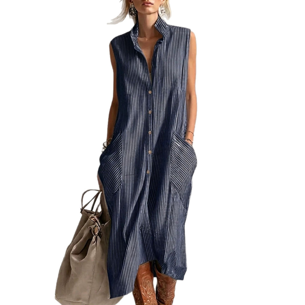 New Lapel-Neckline Pocketed Striped Sleeveless Button-Up Casual Dress