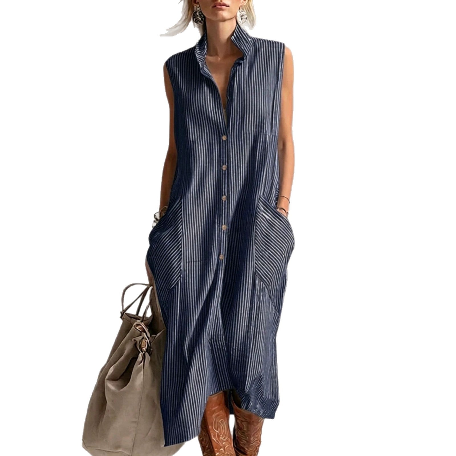 New Lapel-Neckline Pocketed Striped Sleeveless Button-Up Casual Dress